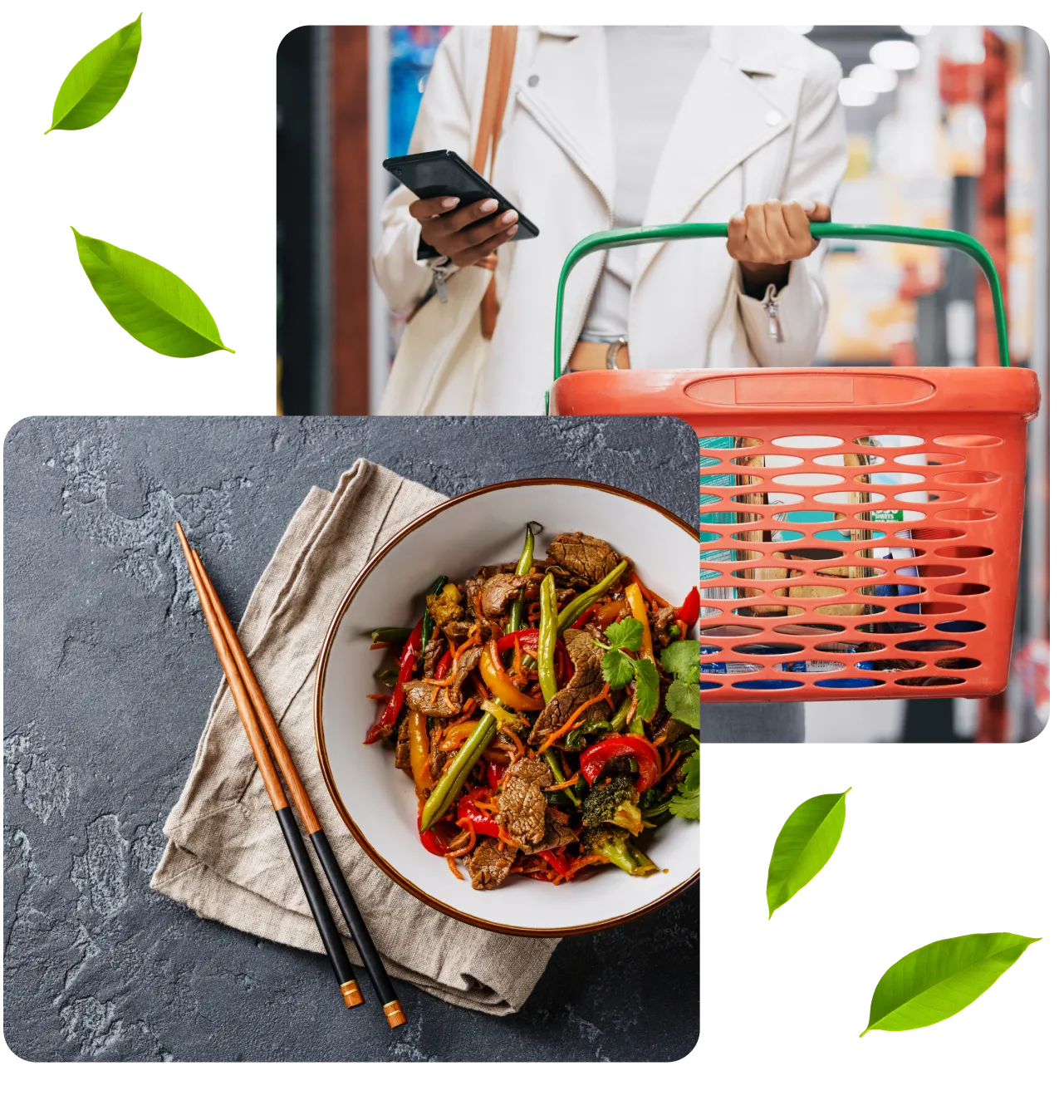 H2-2 A bowl of food with chopsticks and a basket.