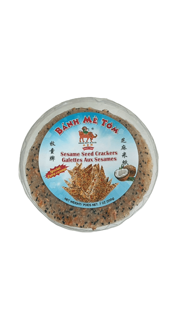 Sesame seed crackers in round packaging.