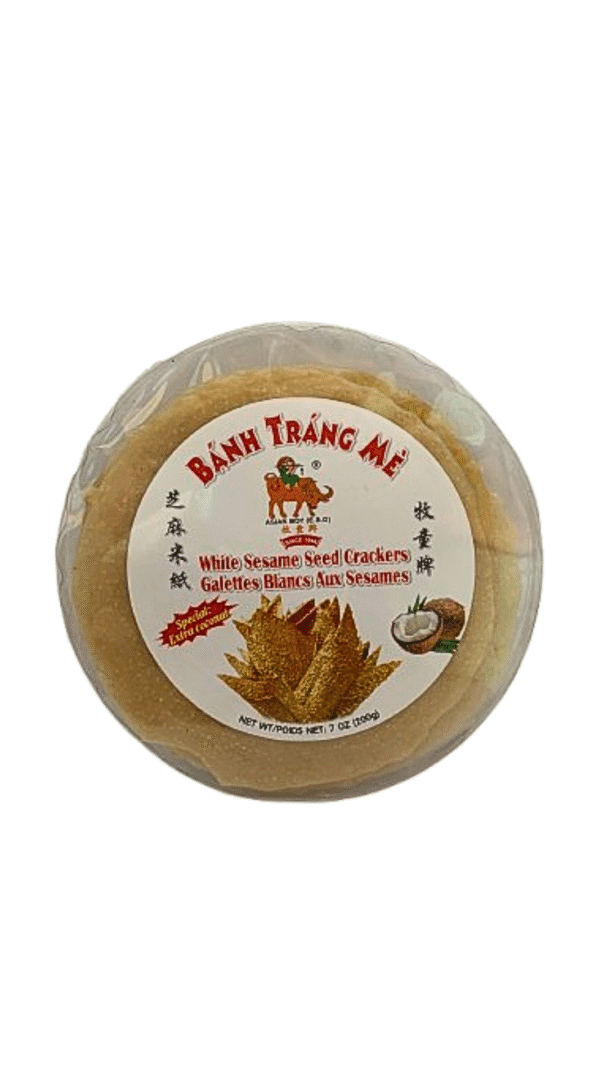 White sesame seed crackers packaging.
