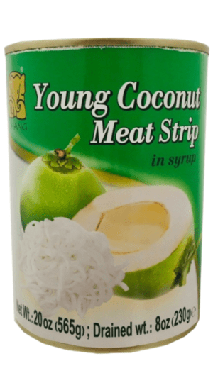 Canned young coconut meat strips in syrup.