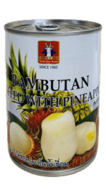 Canned rambutan stuffed with pineapple.