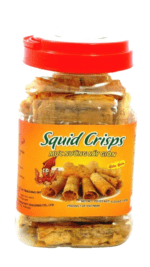 Jar of crispy Vietnamese squid snacks.