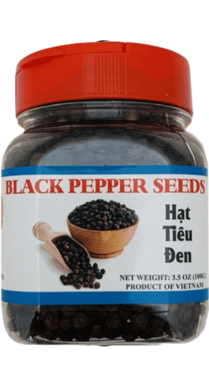 Jar of Vietnamese black pepper seeds.
