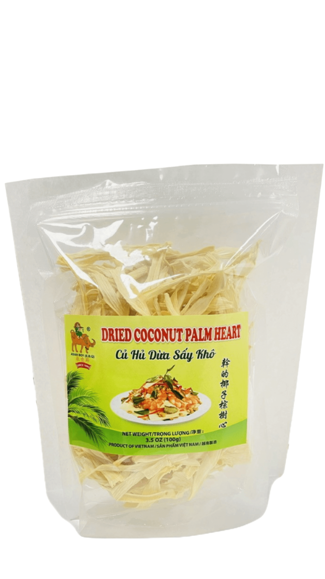 Dried coconut palm heart, 3.5 oz bag.