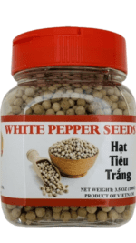 Jar of Vietnamese white pepper seeds.