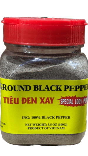 Jar of Vietnamese ground black pepper.