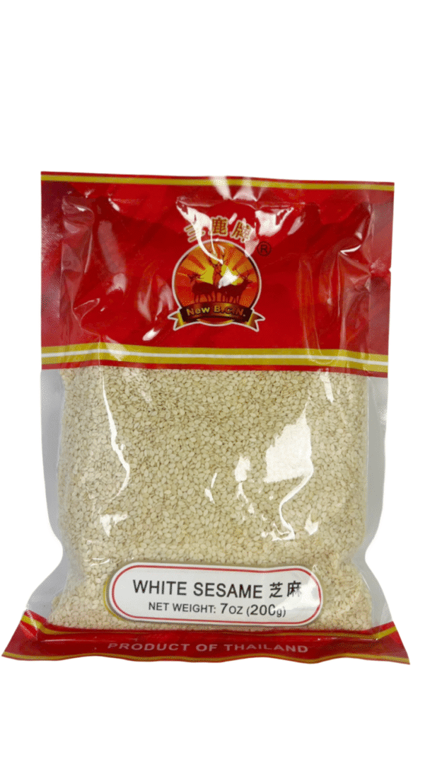 Packaged white sesame seeds, red label.