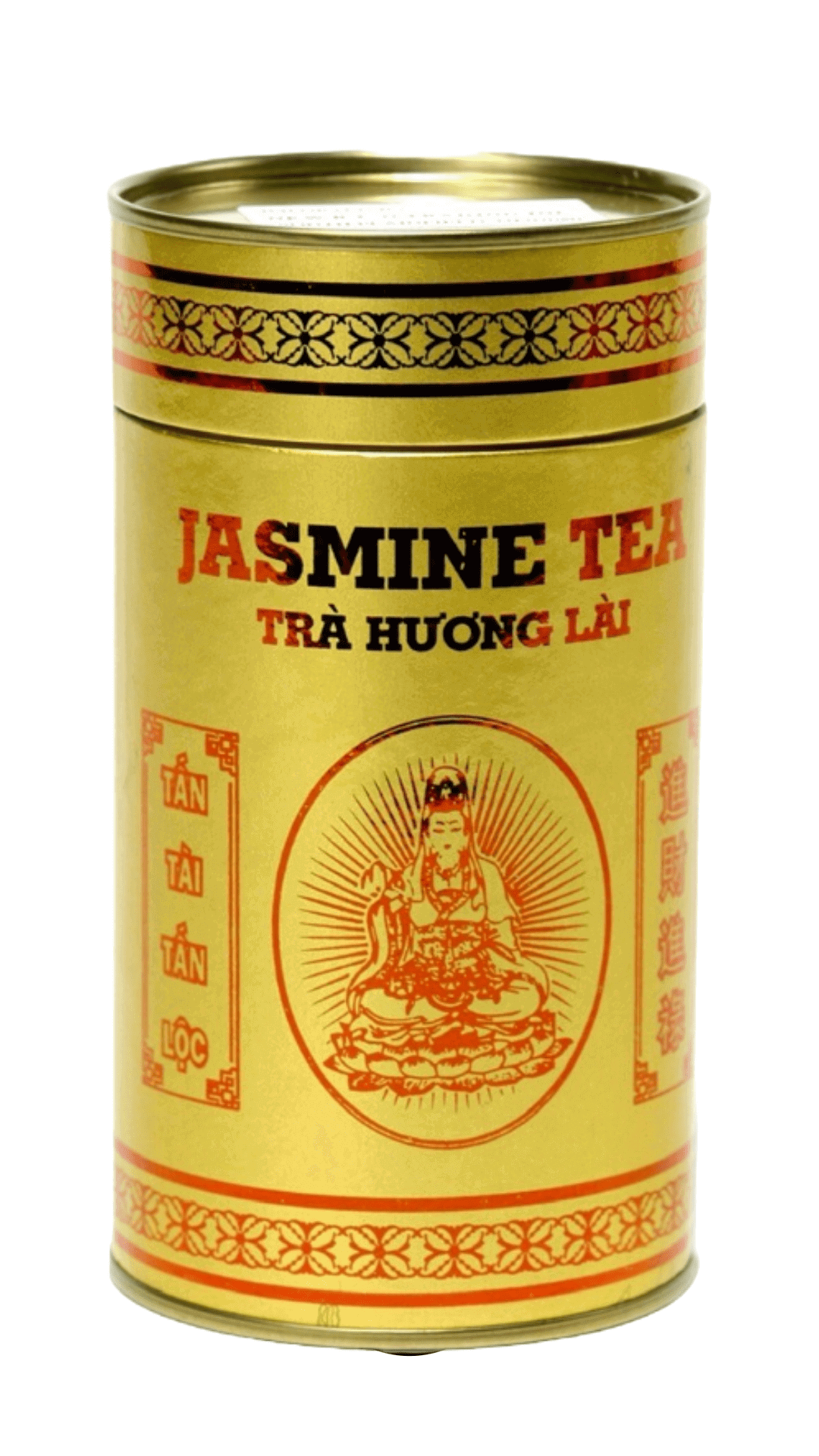 Gold can of Jasmine tea.