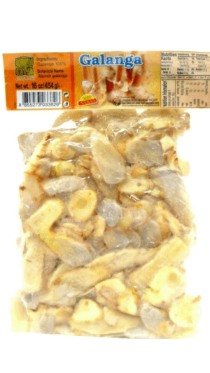 Package of frozen galangal pieces.