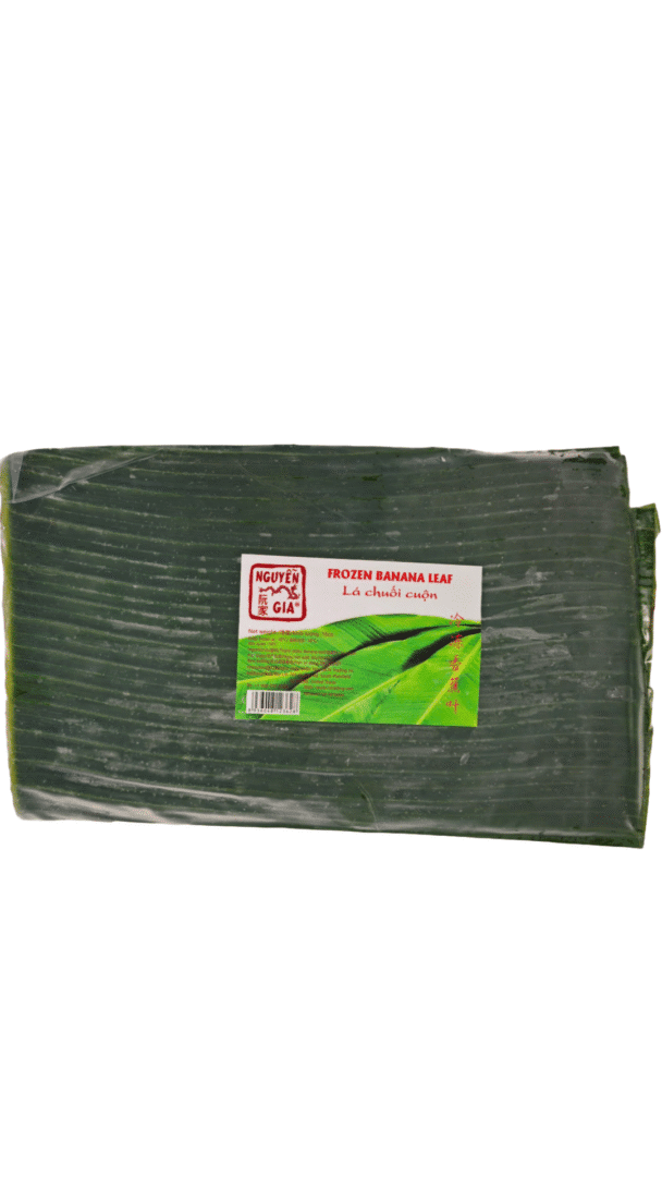 Frozen banana leaf packaging with label.