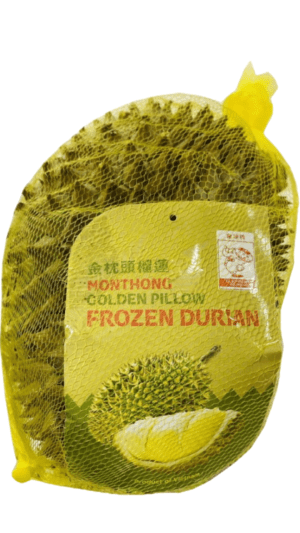 Frozen durian in yellow mesh bag.