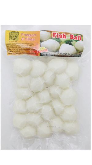 Frozen fish balls in plastic bag.