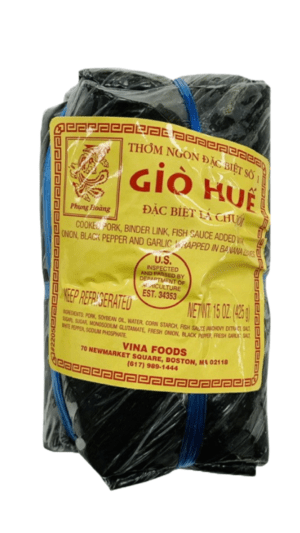 Wrapped Vietnamese Gio Hue pork sausage.