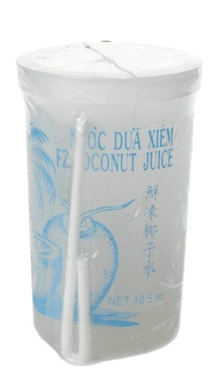 Coconut juice container with straw.