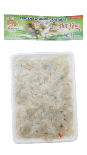 Frozen swimming crab meat in tray.