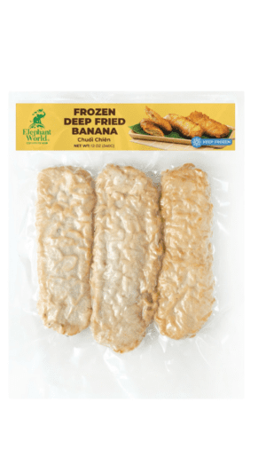 Three frozen deep-fried banana pieces in packaging