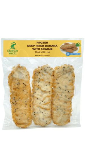 Packaged frozen deep-fried banana with sesame