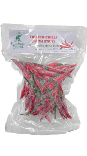 Frozen chillies with stems, 6 oz bag.