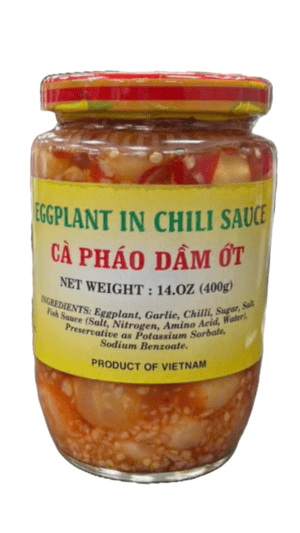 Vietnamese eggplant in chili sauce jar.