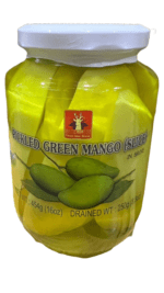 Jar of pickled green mango slices.