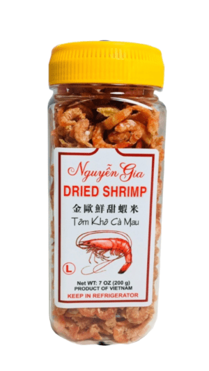 Dried shrimp from Vietnam in jar.