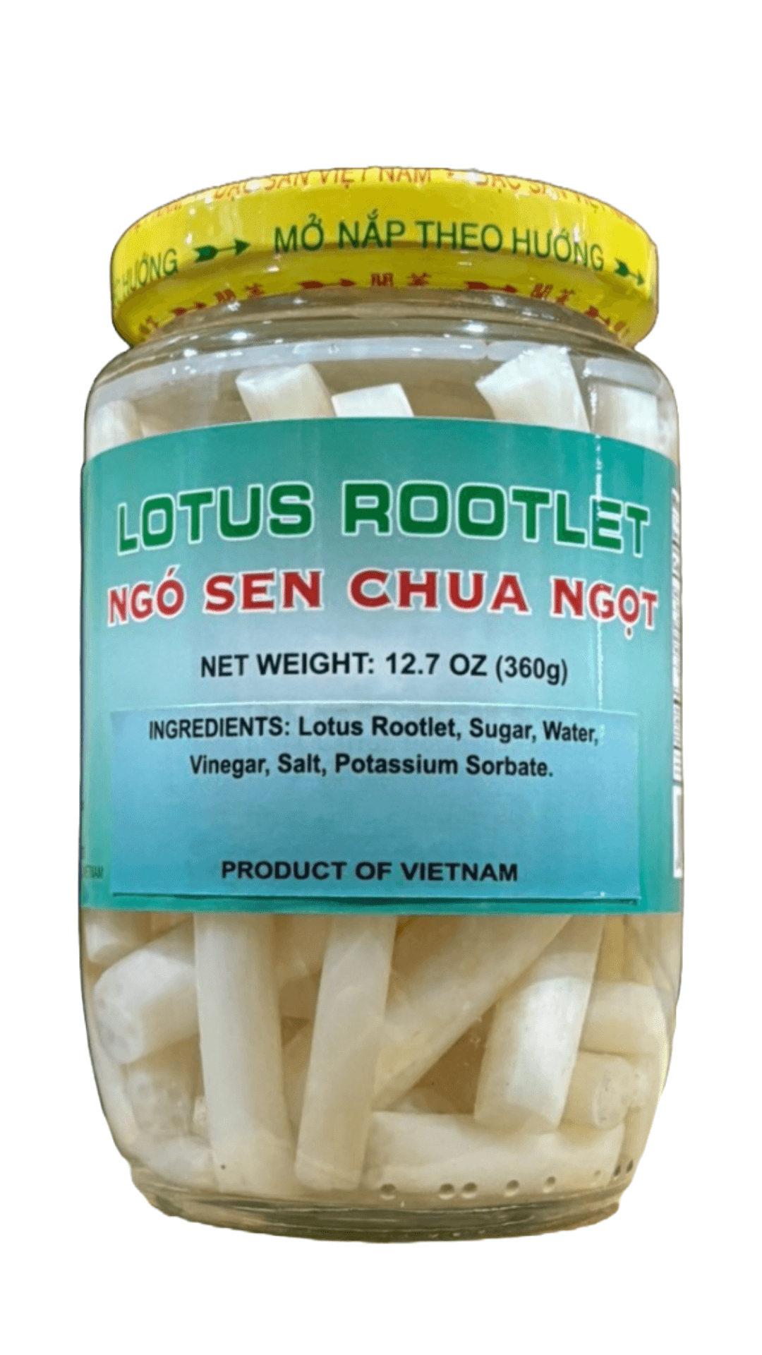 Jar of pickled Vietnamese lotus rootlets.