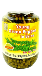 Jar of young green peppercorns in brine.