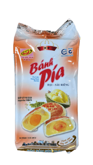 Banh Pia cake, mung bean, durian.