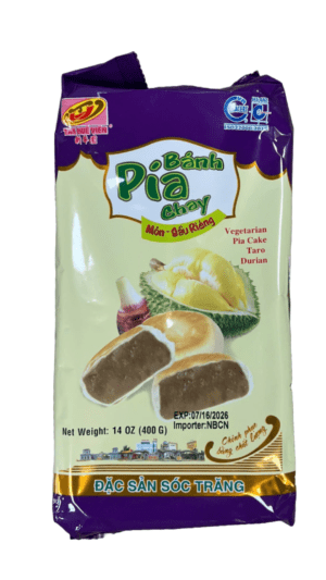 Vegetarian taro and durian pia cake.