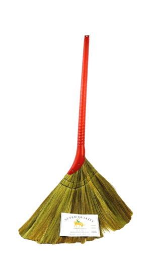 Red-handled broom for sweeping floors.
