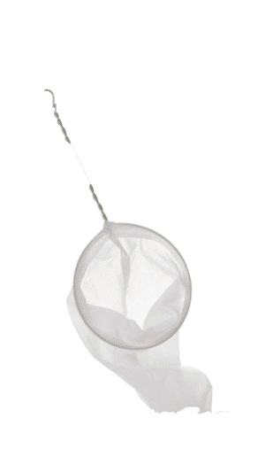 White muslin tea infuser with handle.