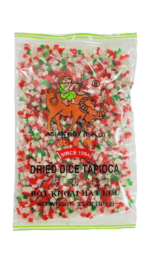 Dried red, green, and white tapioca cubes.