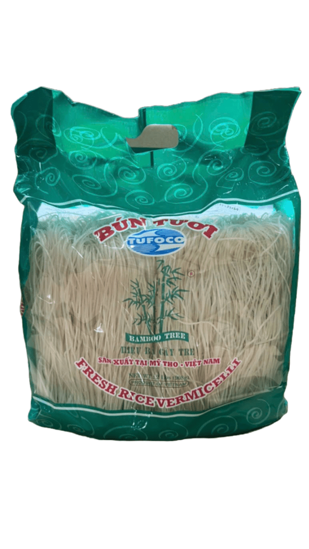 Fresh rice vermicelli package with green label.