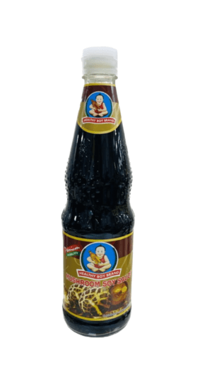 Soy sauce bottle with colorful label design.