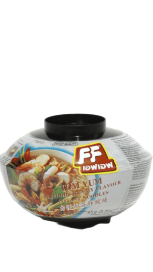 Instant noodle bowl with shrimp flavor packaging.