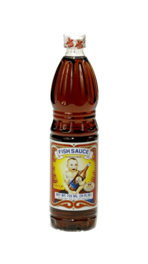 Fish sauce bottle with colorful label design.