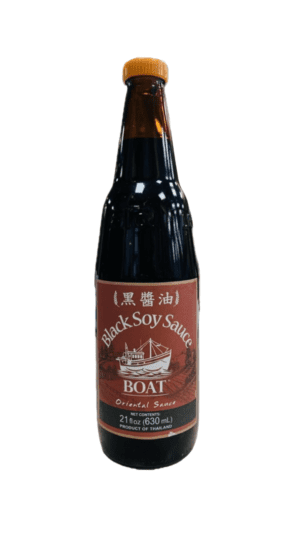 Black soy sauce bottle with orange cap.