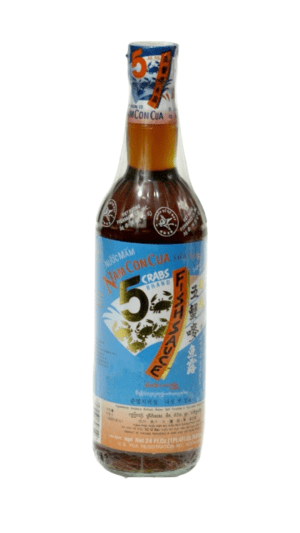 Bottle of fish sauce with blue label.