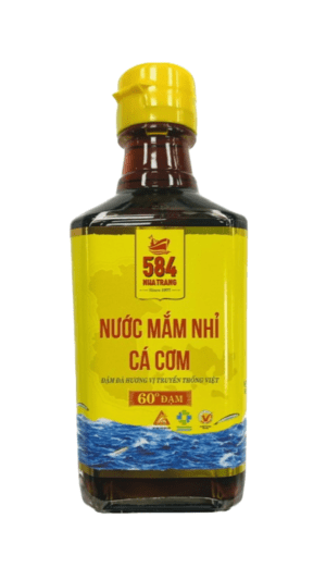 Fish sauce bottle with yellow label.
