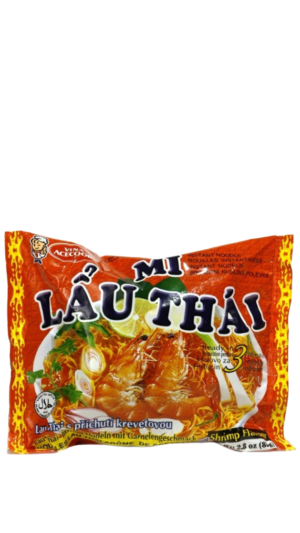 Thai instant noodle packaging with shrimp image.