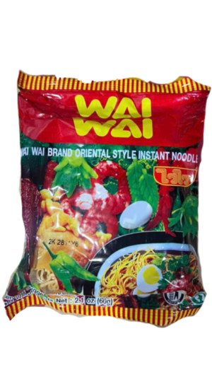 Wai Wai instant noodle package, red packaging.