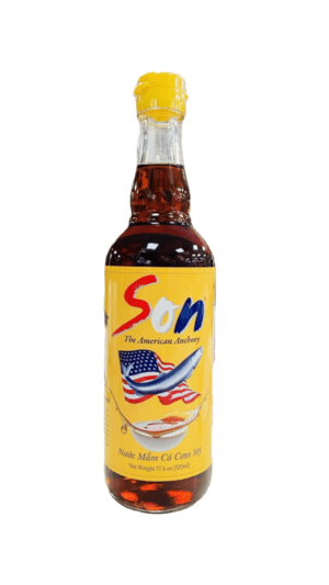 Fish sauce bottle with yellow label.