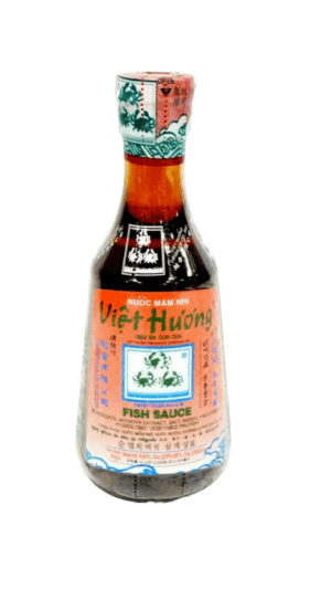 Fish sauce bottle with colorful label.
