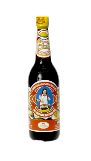 Dark glass bottle with colorful label design.