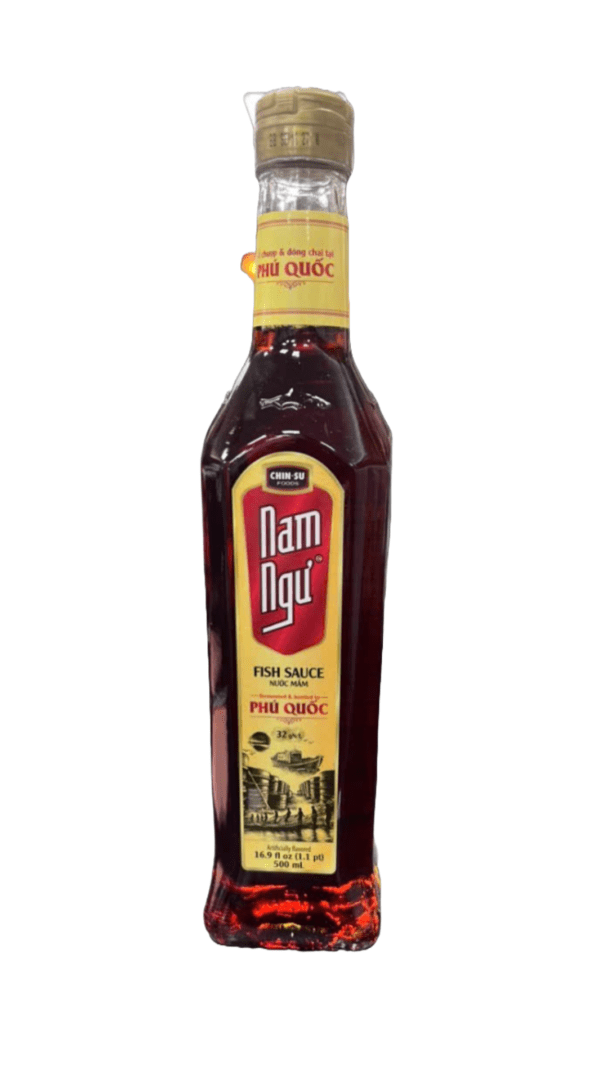 Fish sauce bottle with red label.