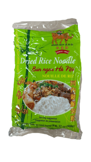 Green package of dried rice noodles.