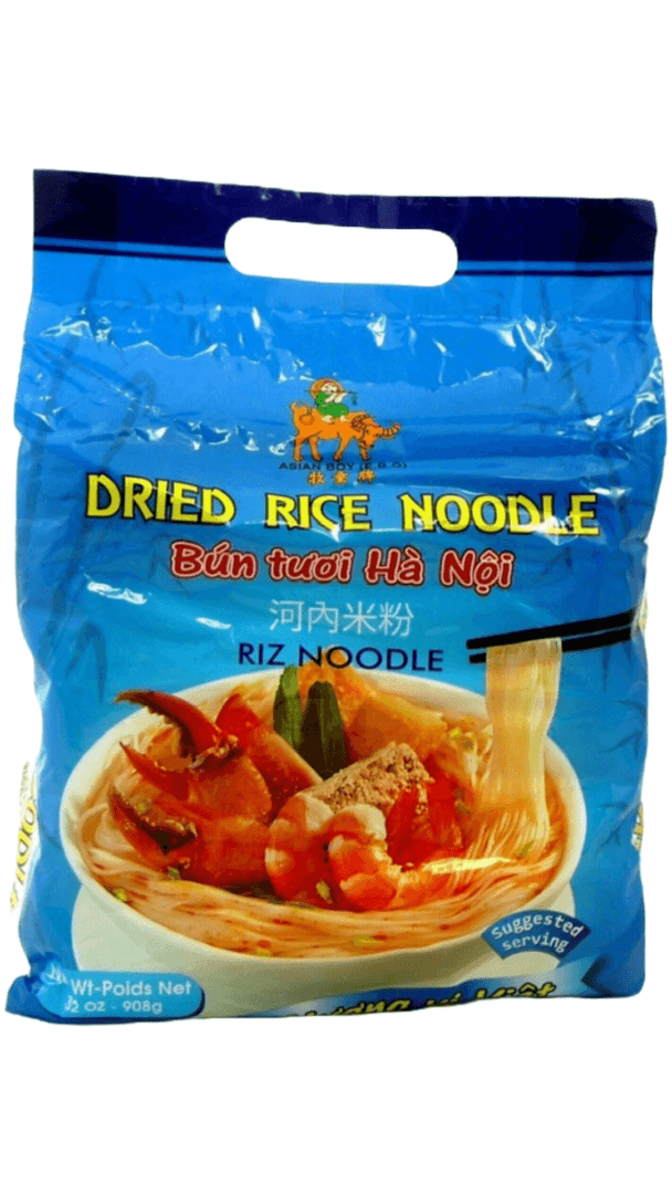 Blue bag of dried rice noodles.