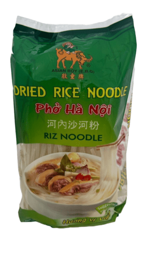 Green package of dried rice noodles.