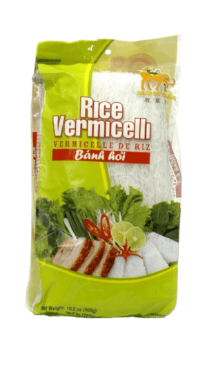 Rice vermicelli packaging with food illustration.