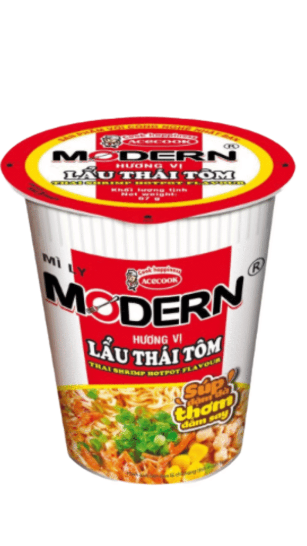 Instant noodle cup, Thai shrimp flavor.